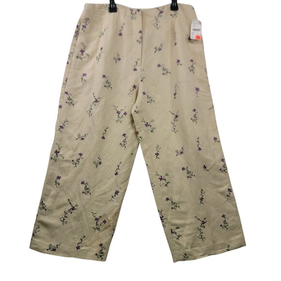 Cutter & Buck Size 14 Chino Linen Rayon Cream Floral Embroidered Lined Pants - Picture 1 of 12